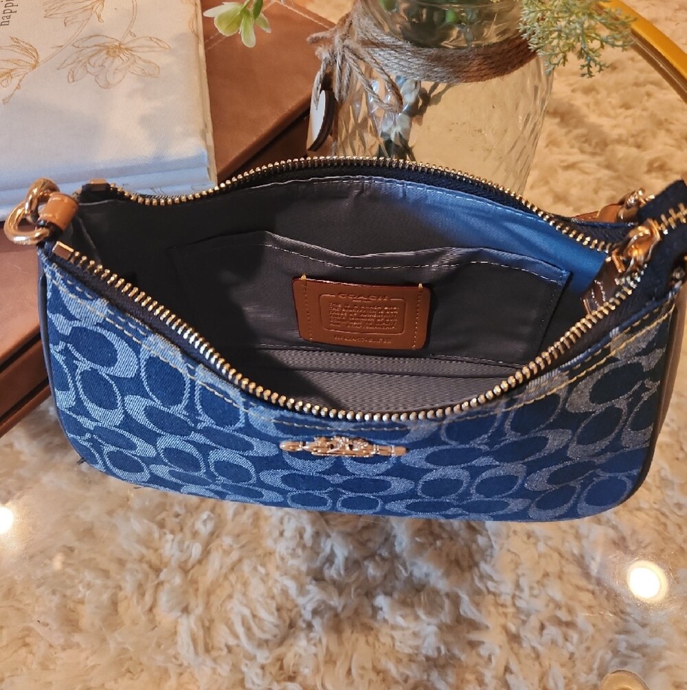 Coach Navy Signature Denim Mini Shoulder Bag with Gold Hardware - Picture 5 of 6